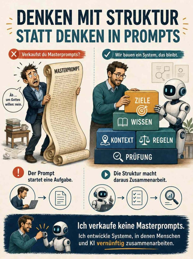 Das Arbeitsbuch „Prompts für Unternehmer“ zeigt anhand praktischer Beispiele, wie aus kurzen Fragen belastbarer Kontext und konkrete Ergebnisse entstehen.