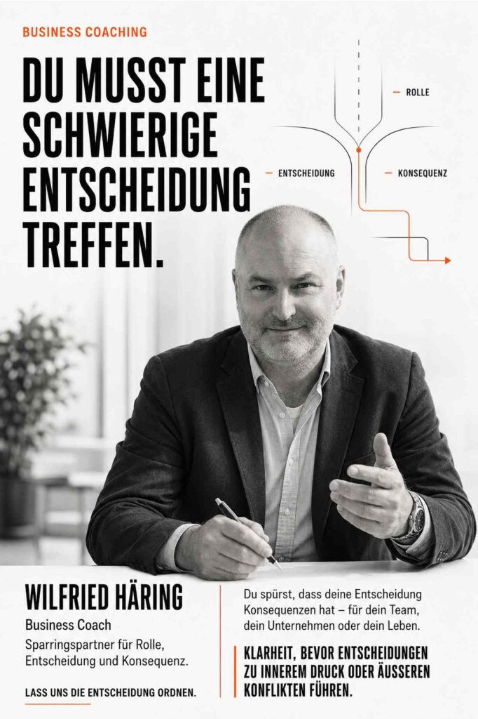Du musst eine schwierige Entscheidung treffen

Business Coach Wilfried Häring 
Sparringspartner für Rolle, Entscheidung und Konsequenz. 

Du spürst, dass deine Entscheidung Konsequenzen hat – für dein Team, dein Unternehmen oder dein Leben. Ich begleite Menschen mit Verantwortung dabei, Klarheit zu gewinnen, bevor Entscheidungen zu innerem Druck oder äußeren Konflikten führen.
