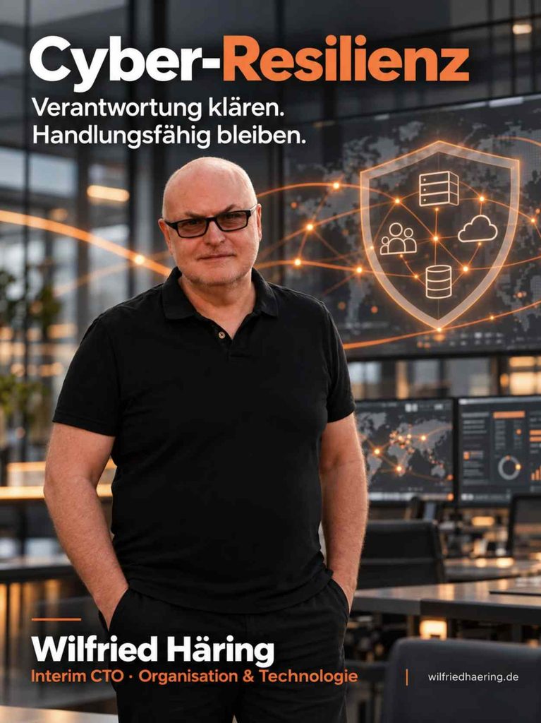 Wilfried Häring als Interim CTO für Cyber-Resilienz vor vernetzten IT-Systemen mit Schutzschild: Verantwortung klären und handlungsfähig bleiben.