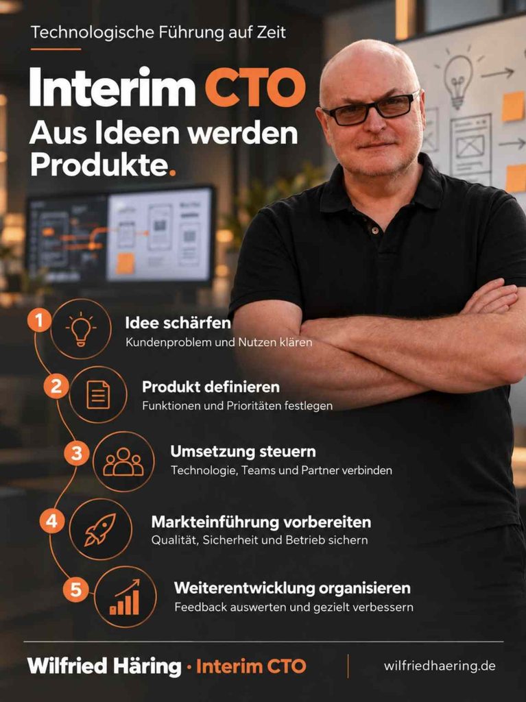 Infografik mit Wilfried Häring als Interim CTO: Idee schärfen, Produkt definieren, Umsetzung steuern, Markteinführung vorbereiten und Weiterentwicklung organisieren.