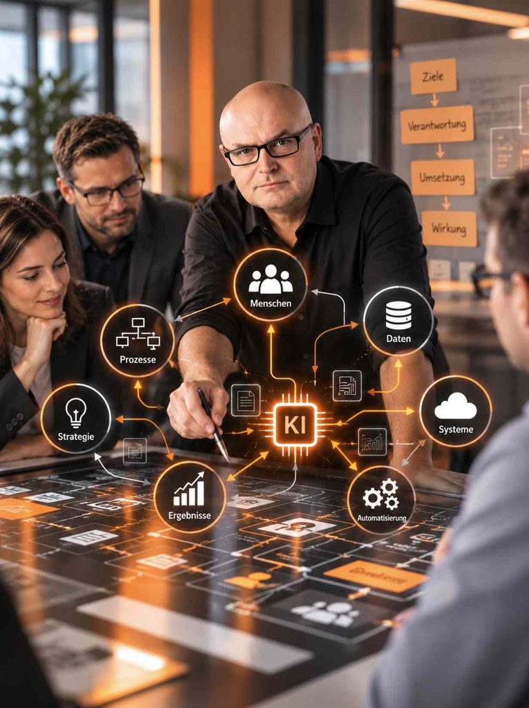 Wilfried Häring als Beziehungsarchitekt vor einer digitalen Netzwerkvisualisierung in Grau und Orange. Vernetzte Symbole zeigen das Zusammenspiel von Menschen, Strategie, Prozessen, Organisation, Daten und KI in modernen Unternehmen.